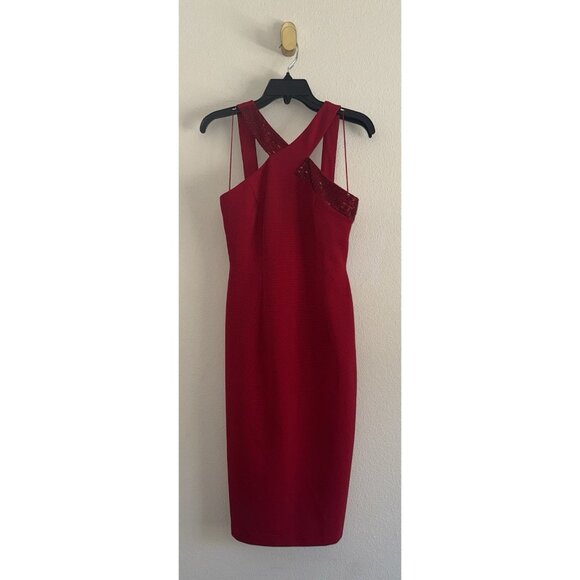 Adrianna Papell Womens Cocktail Dress Beaded Halter Knee Length Lined 4 Red New - Picture 3 of 11